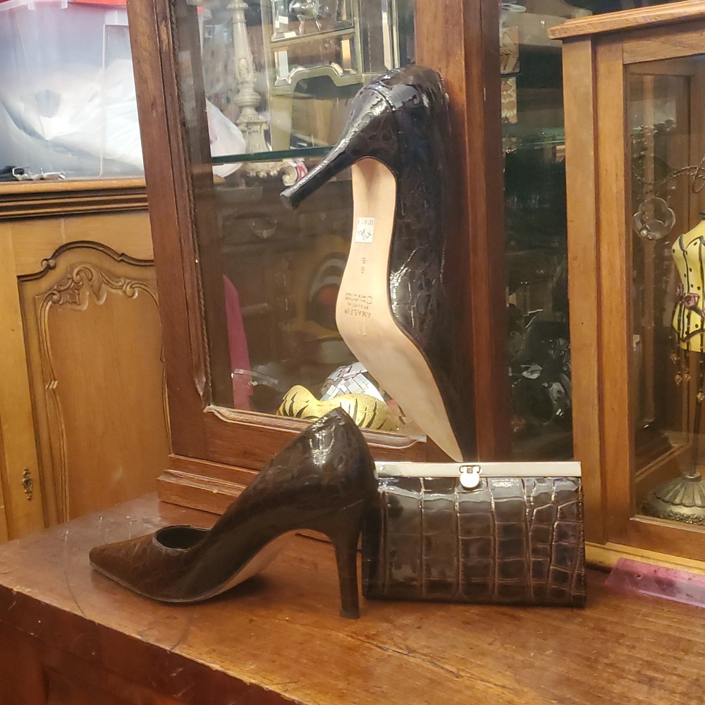 Amalfi Dark Brown Croc-Patterned Heels with matching mini clutch